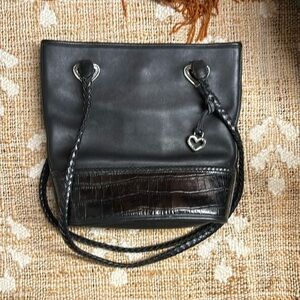 Vintage Brighton Large bucket shoulder tote black leather silver heart